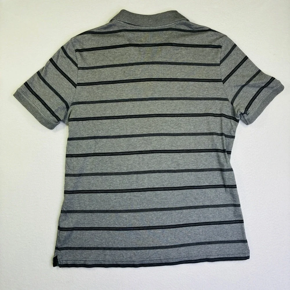 Banana Republic Mens Large Polo Shirt Grey Black Striped Short Sleeve Cotton L